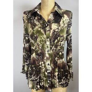 Brown Green Accordion Pleated Y2K Bell‎ Sleeve Collared Button Up Top Size L